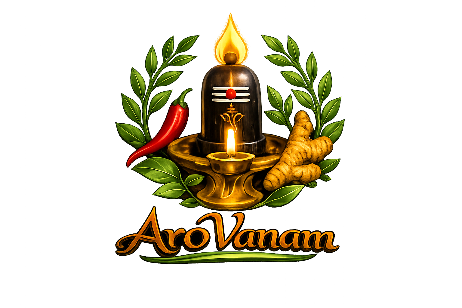 AroVanam Herbs logo with a Shiva lingam, chili, turmeric and green leaves